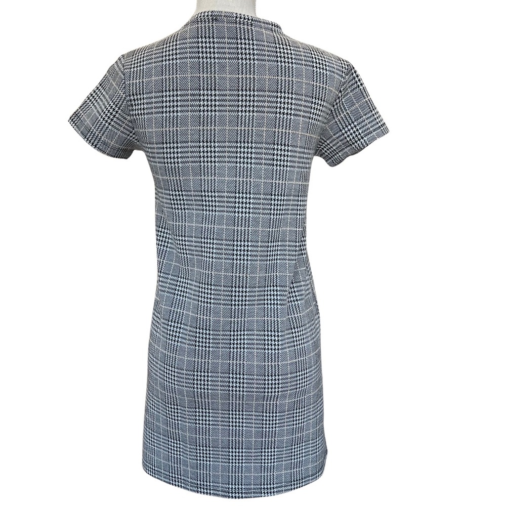 Zara Black and White Plaid Sheath Dress Short Sleeve Crew Neck Sequin Flowers - Picture 6 of 13